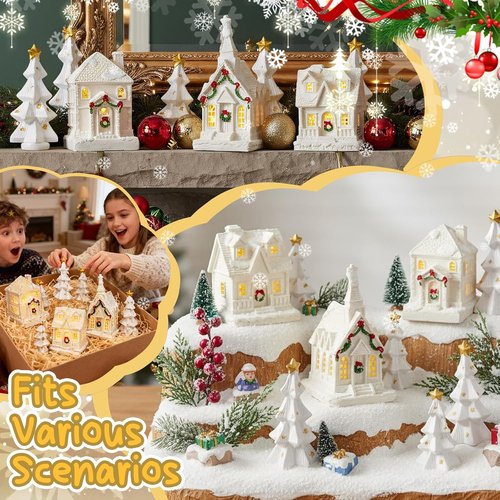 Bbiamsleep Christmas Mini Village Set - 9 Pcs White Resin Houses & Trees for Festive Home Decor
