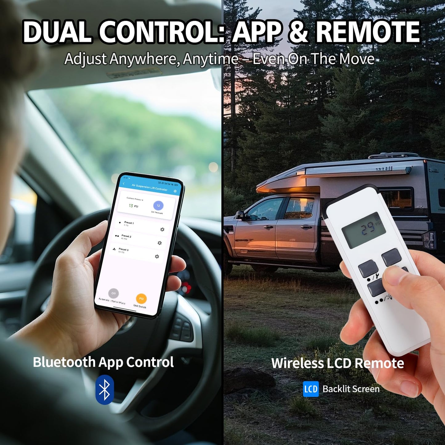 130 PSI Wireless Air Shock Controller Kit 25980EZ, Bluetooth App & Remote Control, Easy Install, Compatible with Cars, SUVs, Trucks, HASK-01APP
