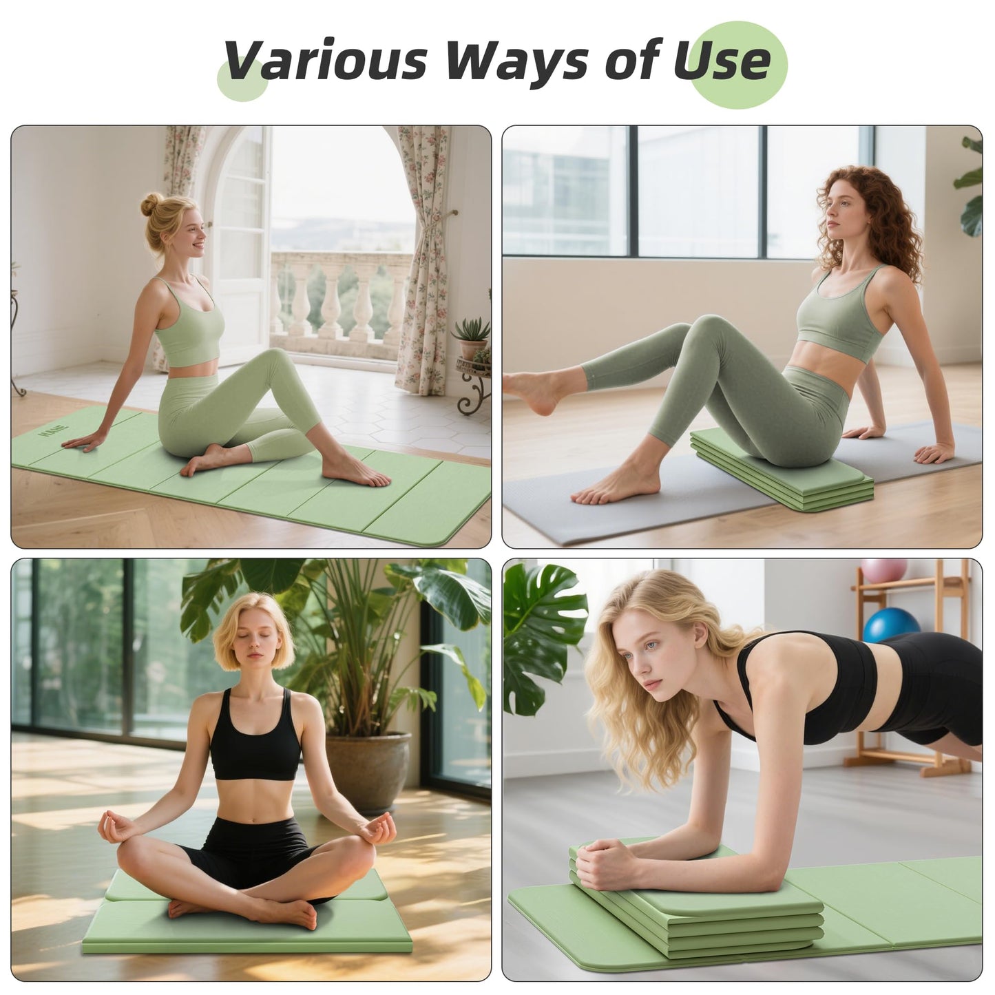 Foldable Yoga Mat,74"Lx32"Wx1/3"Thick,Folding Exercise Mat,Non-slip Wide Pilates Mats for Home Workout/Travel, Portable Yoga Mat Thick for Yoga/Pilates/Camping/Floor Exercises (Green)