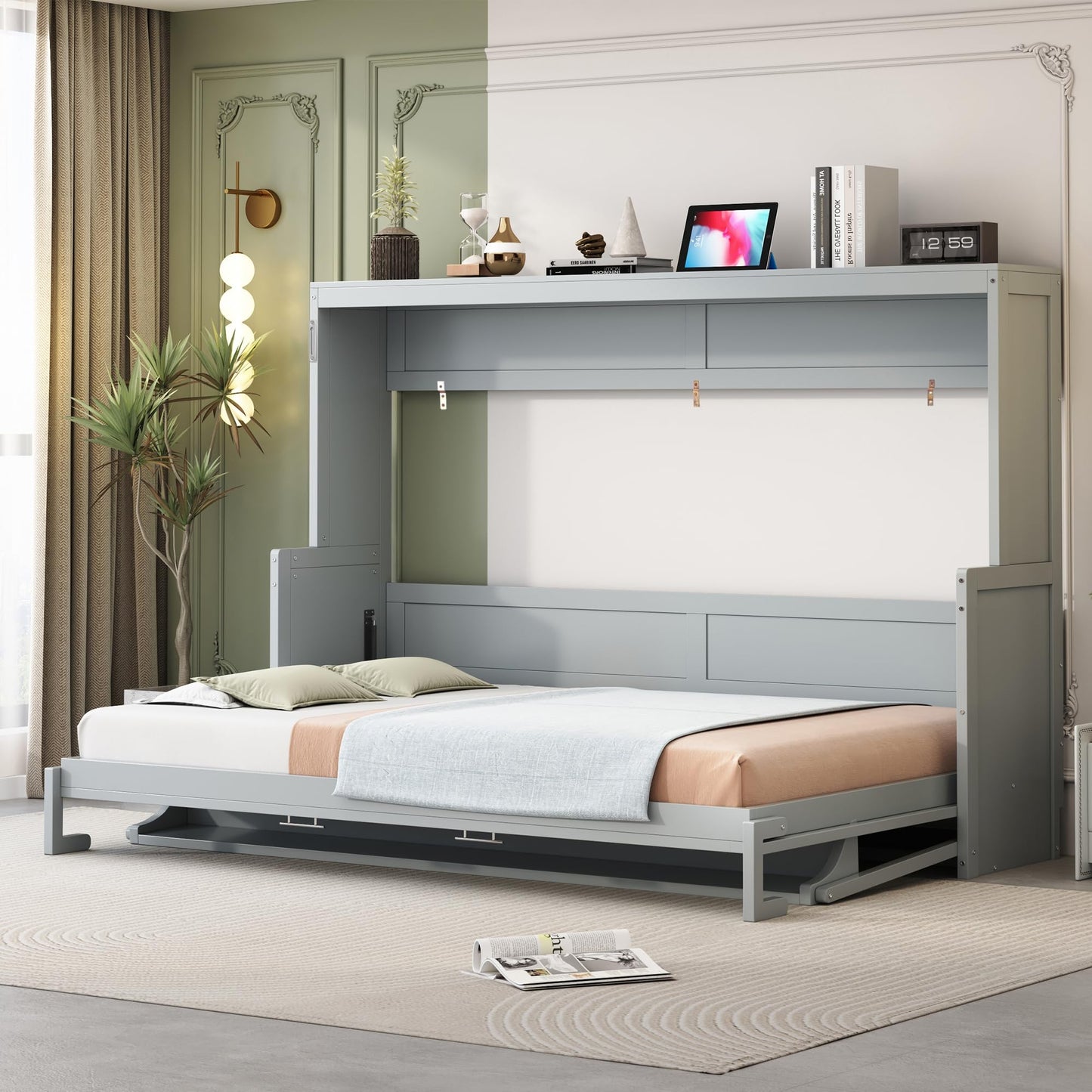 Ball & Cast Murphy Bed Queen Size Hideaway Beds with Hydraulic Lift & Desk Design,Industrial Multifunction Wood Wall Cabinets Bedframe W/Hardware Chain,Space-Saving for Apartment,Gray