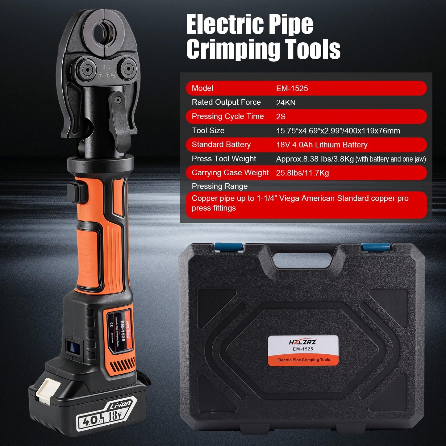 HZLZRZ Pro Press Tool 18V Brushless Electric Crimping Tool Kit for Copper Pipe, Includes "1/2, 3/4, 1, 1-1/4" ProPress Fittings with 4 Press Jaws, 2-Pack 4.0Ah Batteries, Fast Charger & Carrying Case