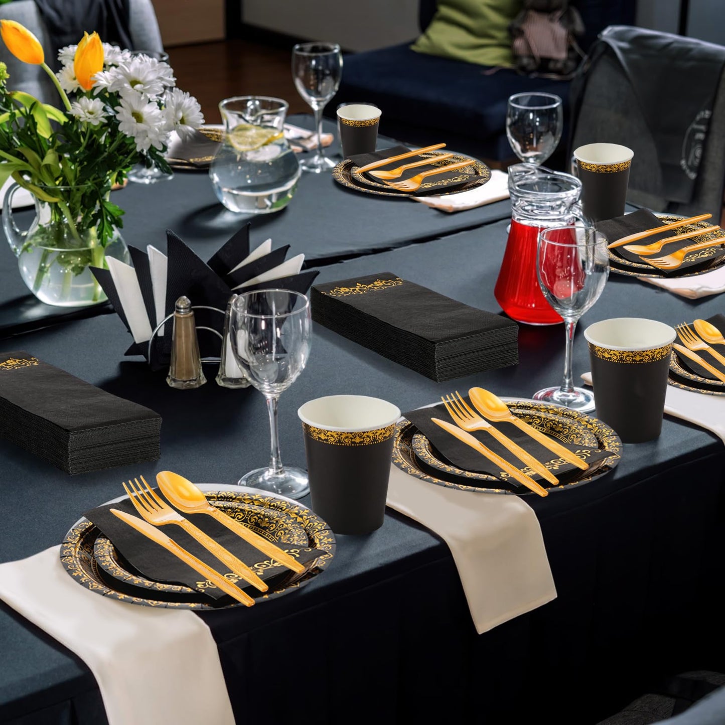 Didaey 700 Pcs Disposable Dinnerware Set for 100 Guests Include 200 Paper Plates, 300 Plastic Silverware, 100 Paper Cups, 100 Napkins for Wedding Birthday Party Supplies(Black Gold Pattern)