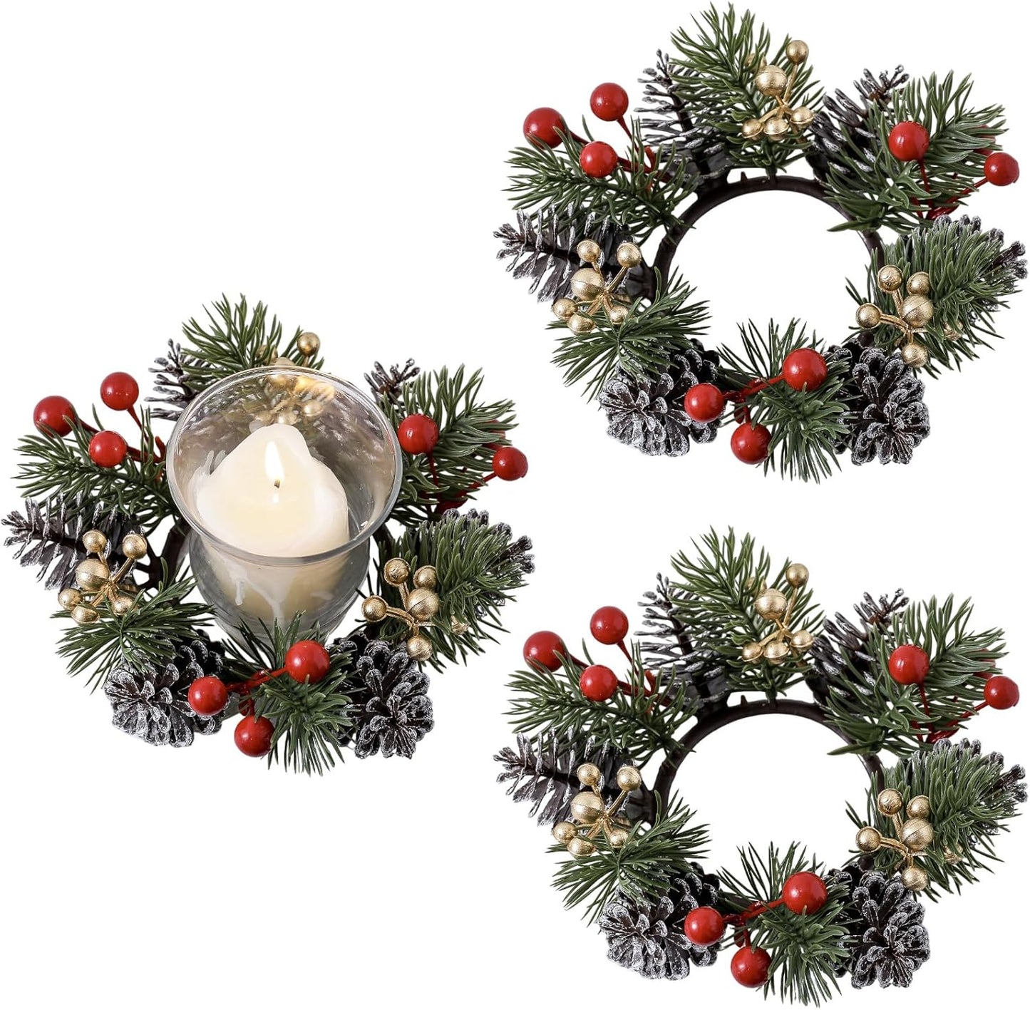 Skiennix Christmas Candle Rings - Elegant Gold & Red Floral Wreaths with Pinecones | Set of 2