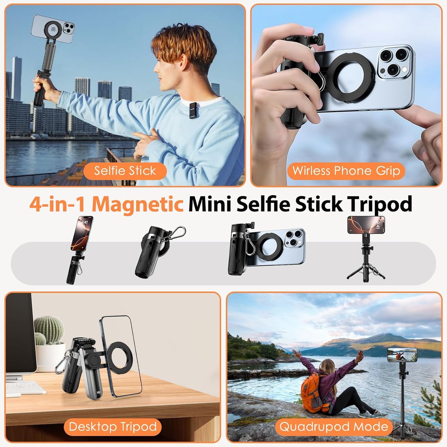 CloudValley 4-in-1 360 Magnetic Mini Selfie Stick Tripod, Pocket Size Phone Tripod with Rotation, Choice Rechargeable