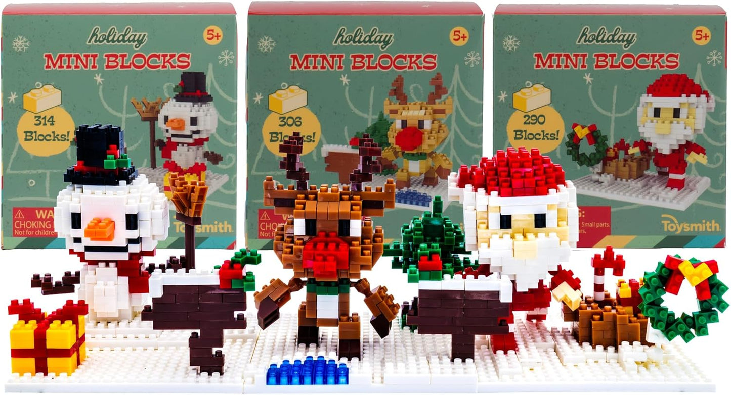 Toysmith Christmas Mini Blocks 3-Pack - Holiday-Themed STEM Building Set for Kids - Build Santa, Snowman & Reindeer