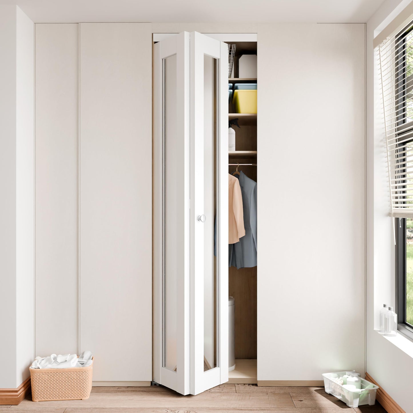 BARNER HOME Bi-Fold Doors, One Mirror Closet Doors for 30in. x 80in. Opening, Folding Closet Door with Hardware Kits, MDF, White Multifold Interior Door