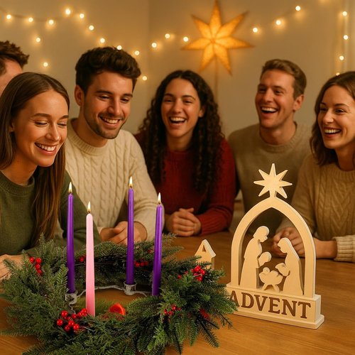 Mumufy Advent Candle Holder Set - 5 Pcs Metal Nativity Christmas Centerpiece with Purple & Pink Candles