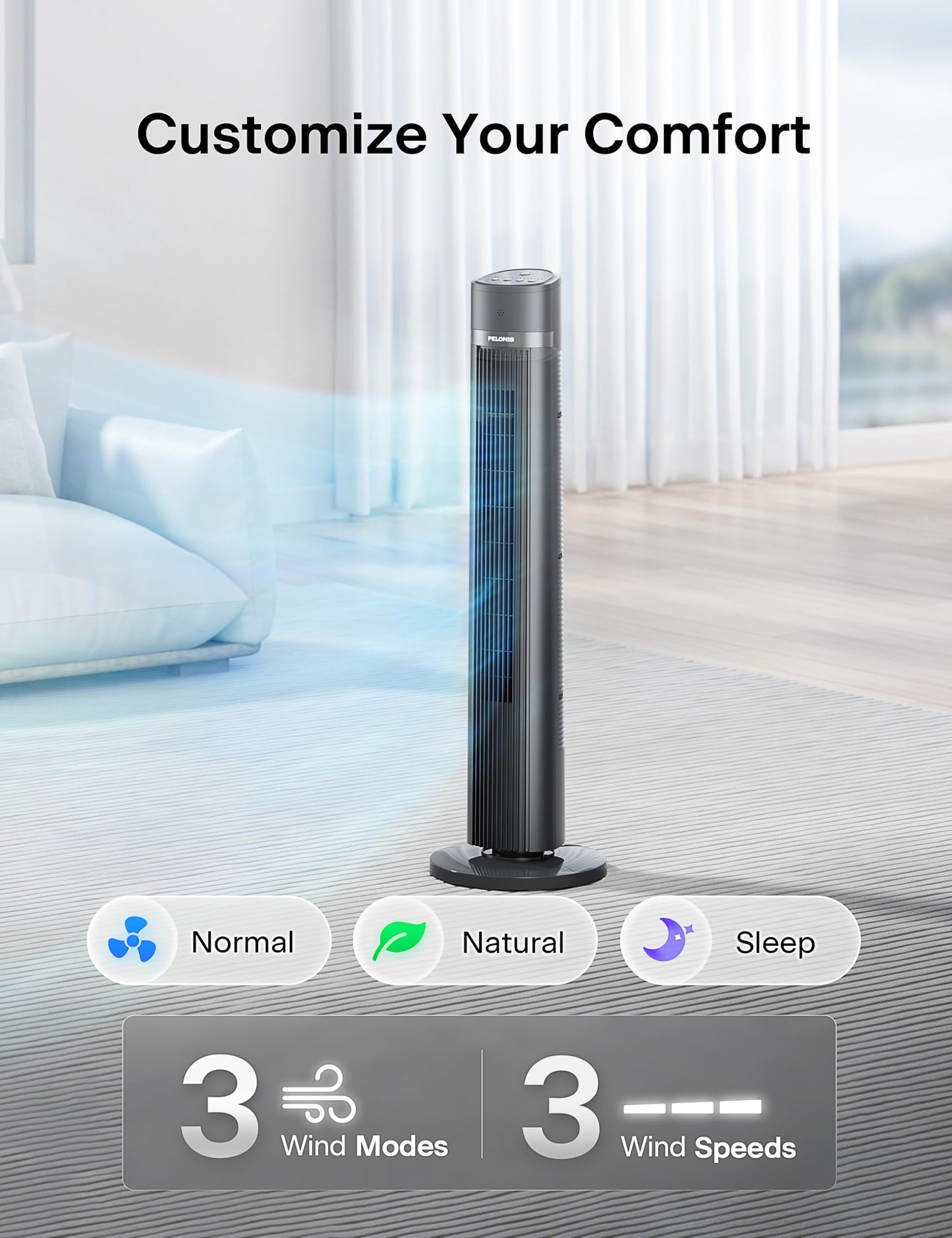 PELONIS 40 inch Bladeless Tower Fan for Bedroom, Standing Fan with Remote Control, 26ft/s, 90° Oscillation, 3 Speed Settings, 27 Db, 3 Modes, 15-Hour Timer, LED Display, Fan that Blows Cold Air, Grey