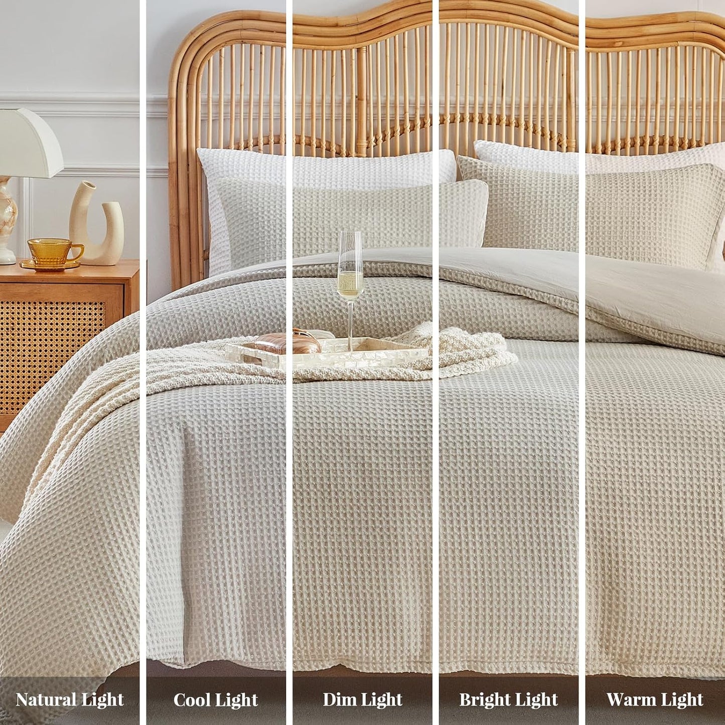 WARMDERN Waffle Weave Duvet Cover Set - Soft & Breathable Queen Size Bedding in Khaki | 3-Piece Microfiber Set