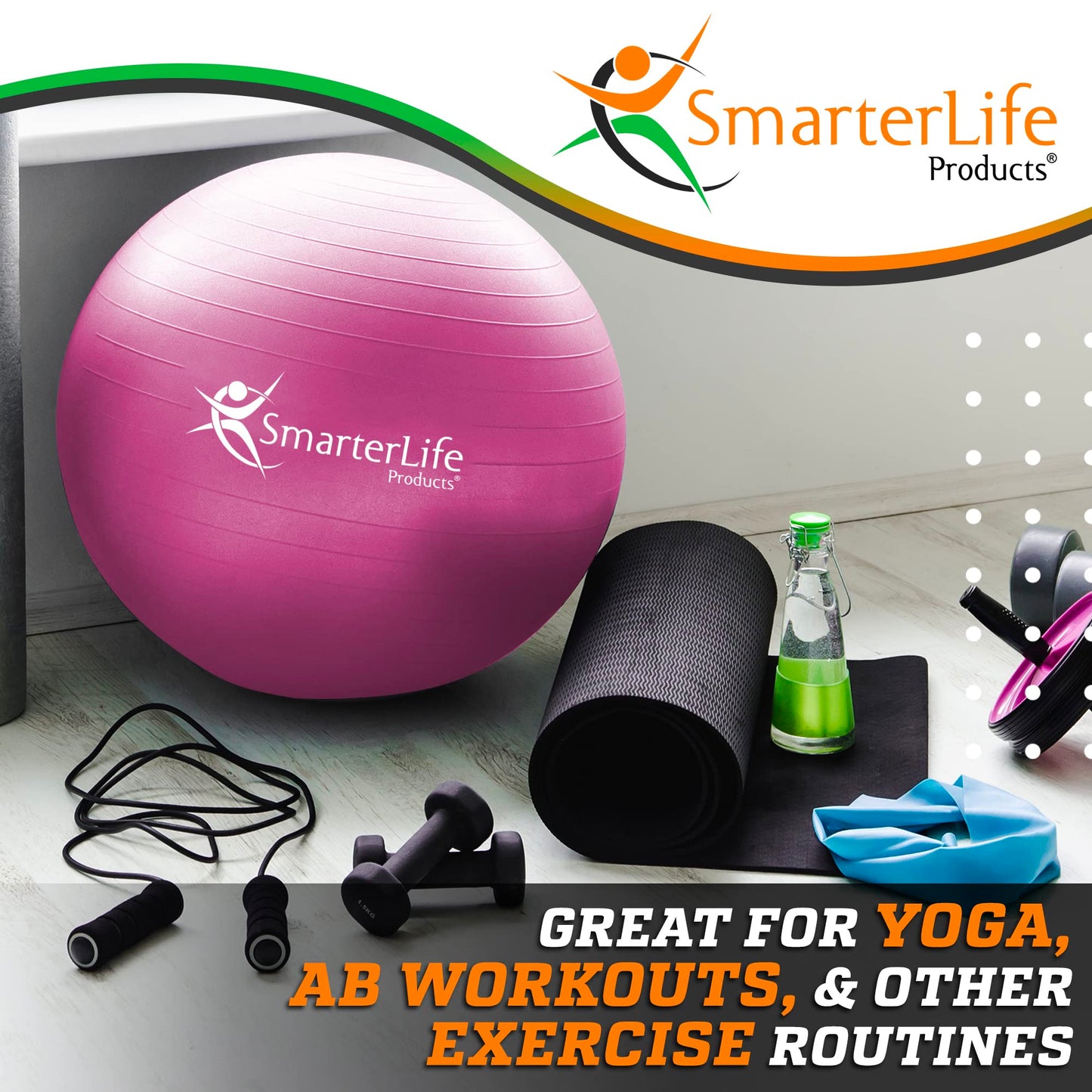 SmarterLife Exercise Ball Yoga Ball for Fitness, Balance, Stability, or Pregnancy, Gym Ball for Core Workout, Physical Therapy, Yoga Ball Chair for Office, Anti-Slip Anti-Burst (65 cm, Pink)