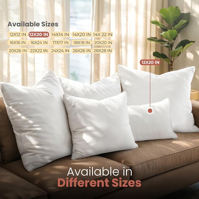 Utopia Bedding 12x20 Pillow Inserts, Set of 2, White – Indoor Decorative Throw Pillows for Bed, Sofa & Couch – Soft, Supportive & Fluffy Cushion Inserts