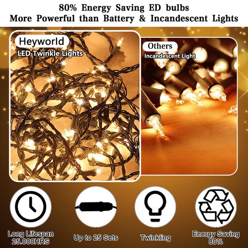 Heyworld Soft Twinkle Lights,100 Led Slow Twinkling Christmas Lights on Green Wire Cord, UL Approved 27 Ft, Connect Up to 25 Sets, Indoor Outdoor Use,Warm White