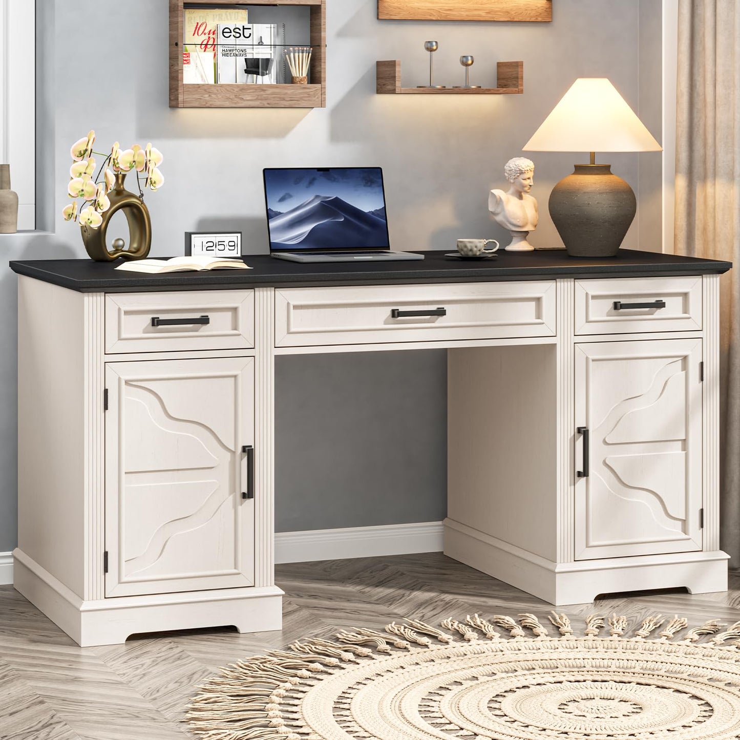 Halitaa 55.1 Inch Farmhouse Computer Desk with Charging Station, Home Office Desk with 3 Glide Drawers and 2 Adjustable Storage Cabinets, Office Home Workstation for Study Work Writing, Unique White
