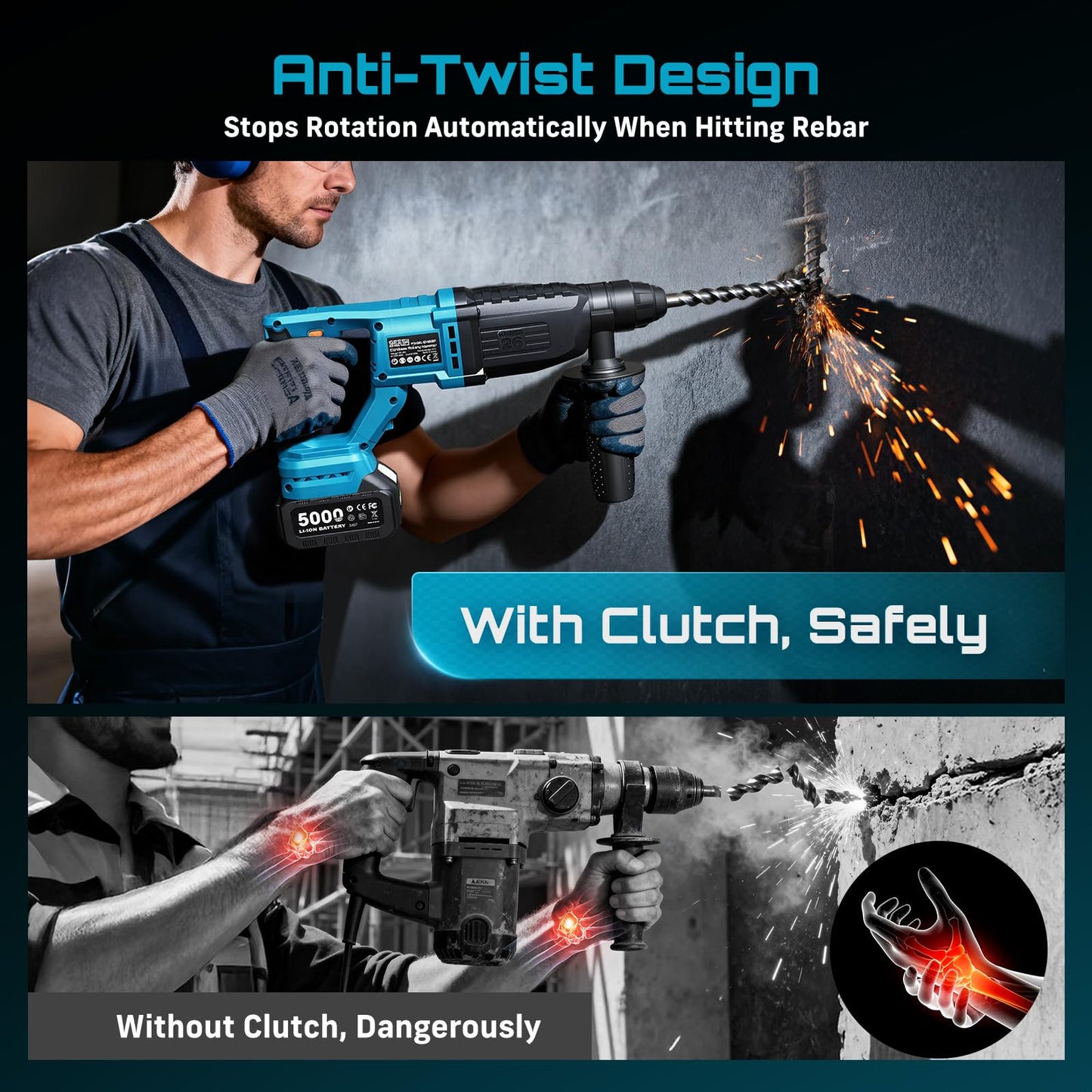 Seesii 1" Cordless SDS-Plus Rotary Hammer Drill with 2x5.0Ah Batteries, 3.2J Impact Energy Brushless Motor, 4-Mode with Kickback protection, Chisels, Drill Bits for Concrete Drilling & Home Renovation