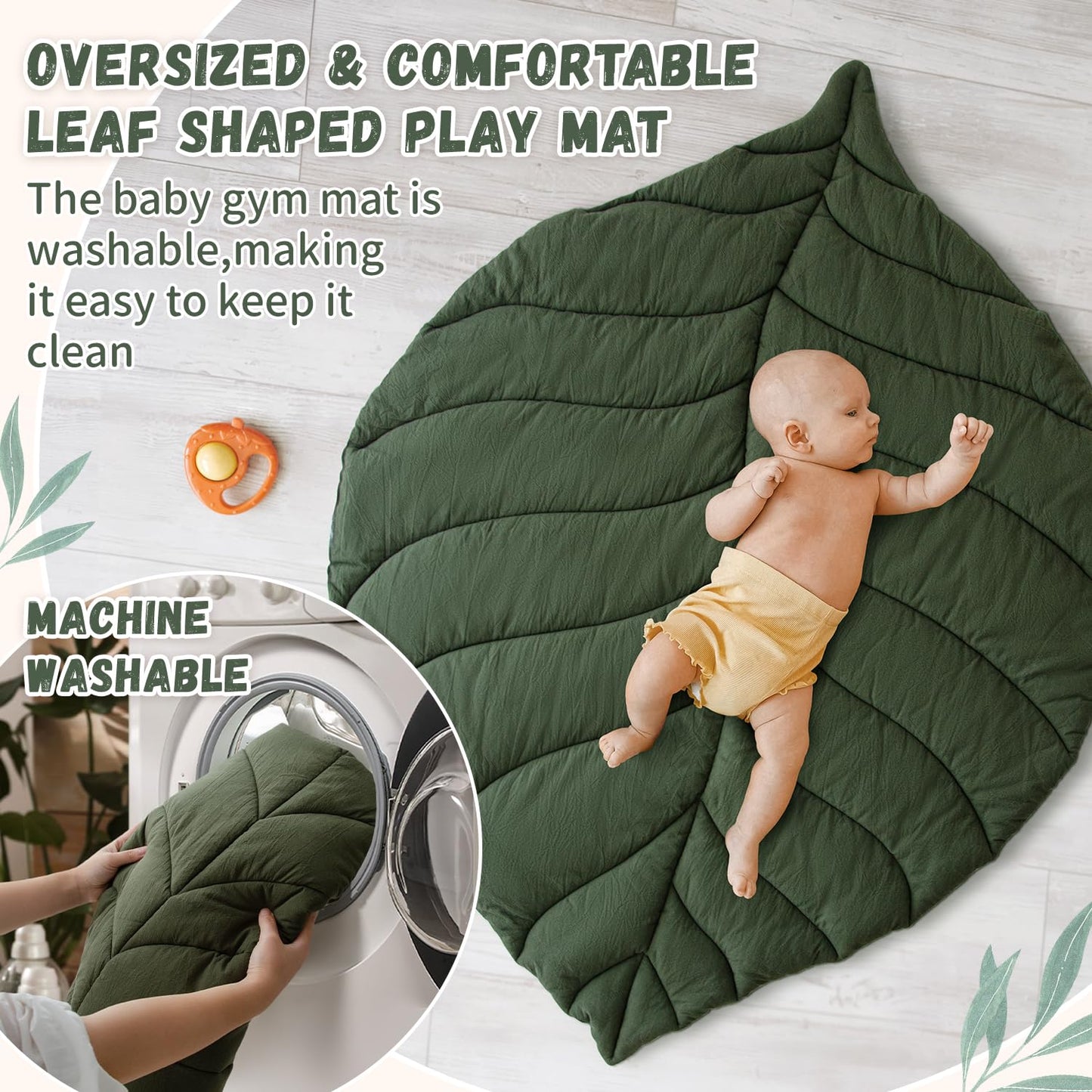Baby Play Gym with Mat Leaf Shaped, Baby Play Mat with 5 Hanging Toys Tummy Time Mat, Baby Gym Activity Center, Washable (Green)