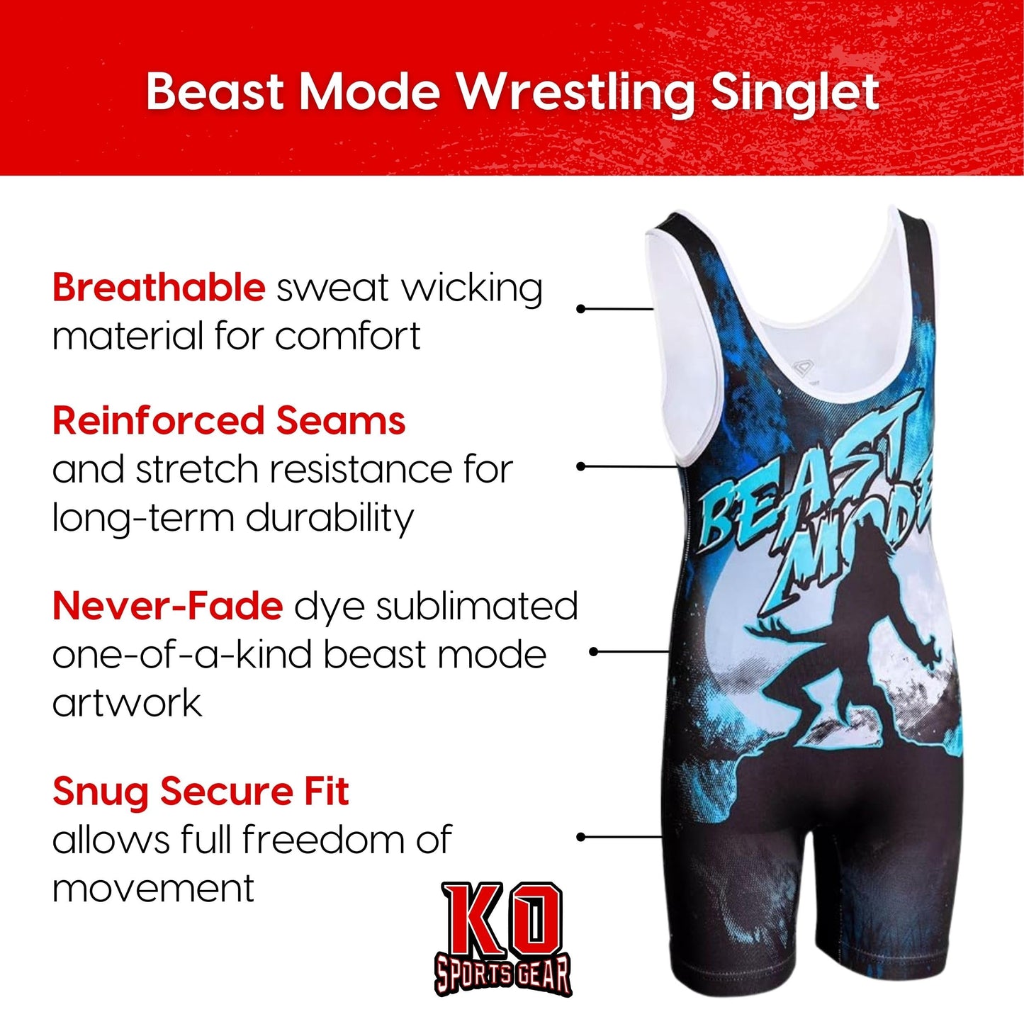 KO Sports Gear Unisex Wrestling Singlet for Adult Wrestlers - Wrestling Singlet for Men & Women - Bold Durable Uniform, Stretchy Breathable Material - Beast Mode, Adult X-Small