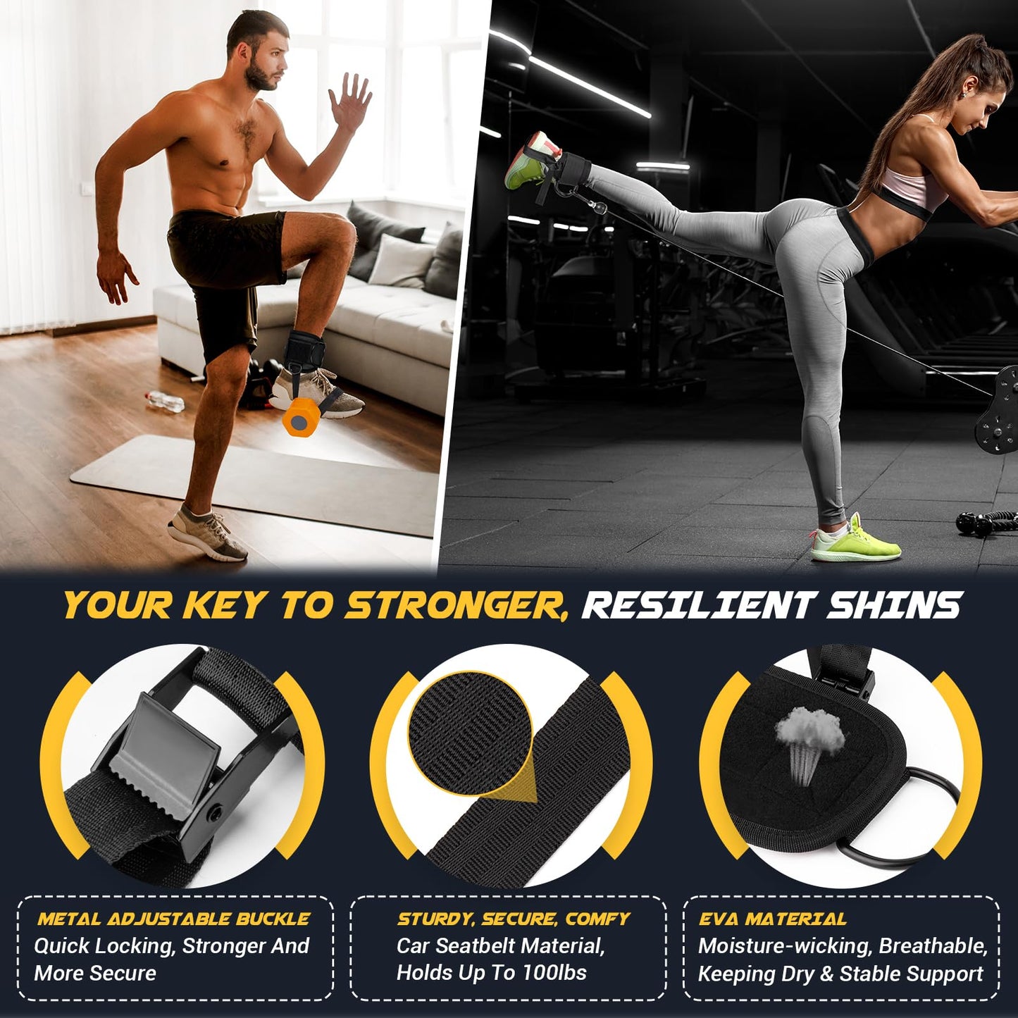 nooncrazy Ankle Straps for Dumbbell and Cable Machine, Dumbbell Foot Attachment with Longer Stronger Nylon Strap, Tibialis Trainer, Leg Extensions, Hamstring Curls for Women and Men(Black Double)