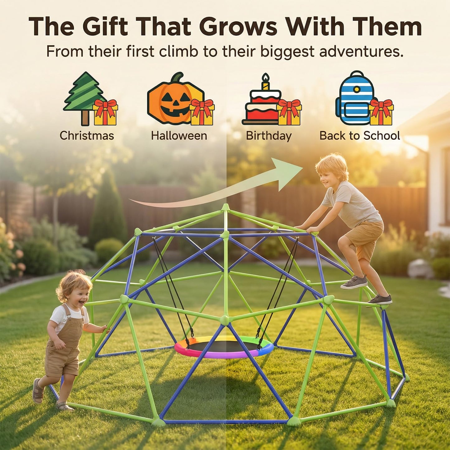 TABU 10FT Climbing Dome with Saucer Swing, Outdoor Dome Climber Supports 1000LBS, Rust-Resistant Jungle Gym Playground for Backyard & Patio, Easy Asssembly, for Ages 3-10