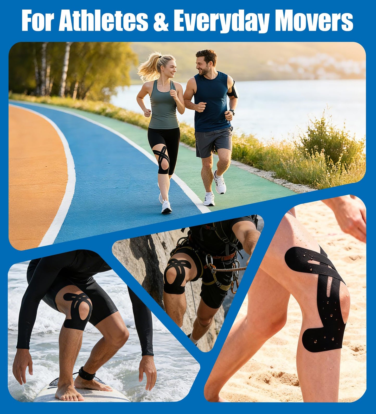 Precut Kinesiology Tape for Knees, 12 Pcs Individual Packeaged - Knee Support & Stability, Pain Relief Athletic Tape - Waterproof & Elastic, Breathable Hypoallergenic Latex-Free Tape (Black)