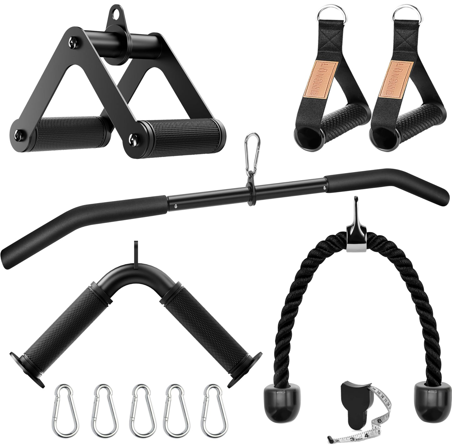 Cable Machine Attachment Set LAT Pulldown Attachments,Cable Machine Accessories for Home Gym Weight Workout Include LAT Pulldown Bar,Double D Bar, Tricep Rope,V Bar (Black-5 pcs)