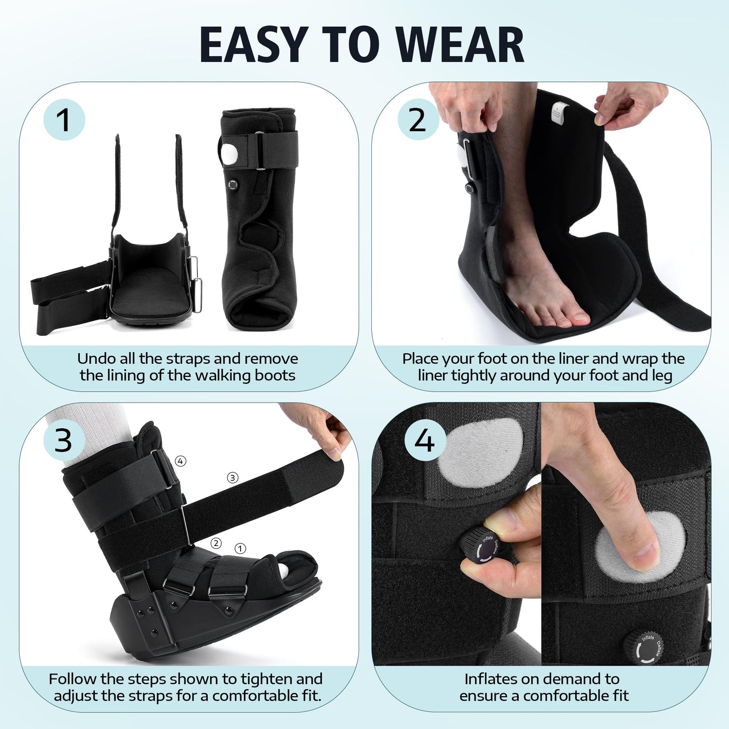 Medibot Advanced Walking Boot for Ankle Injuries & Fractures Adjustable Air Splint with Pump, Medium Black, Fits Shoe Size 6-10'', Men and Women