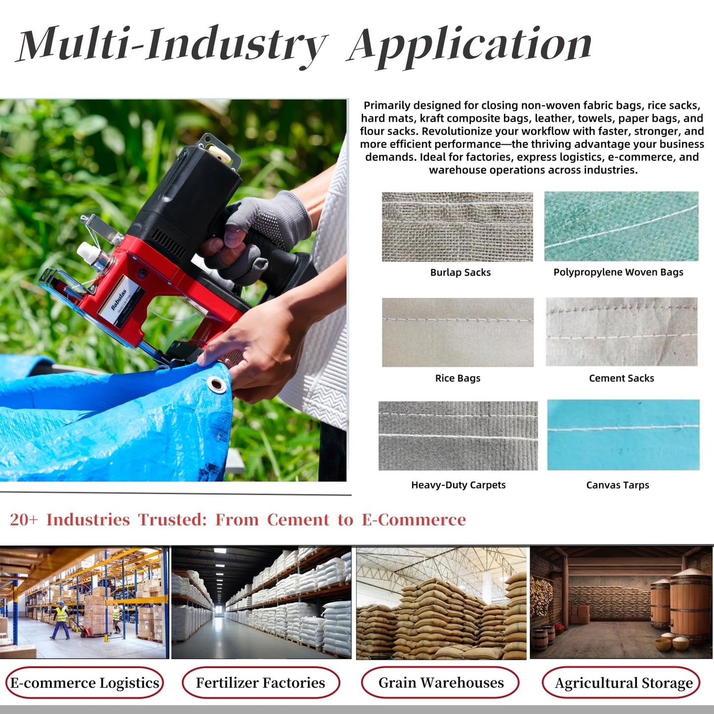 Cordless Bag Sewing Machine |PortableIndustrial Bag Closer |2-Second Fast Sealingfor Woven PP/Canvas/Jute Bags |Factory &Farm Bag Stitcher (Red, Lithium Battery-36VDC)