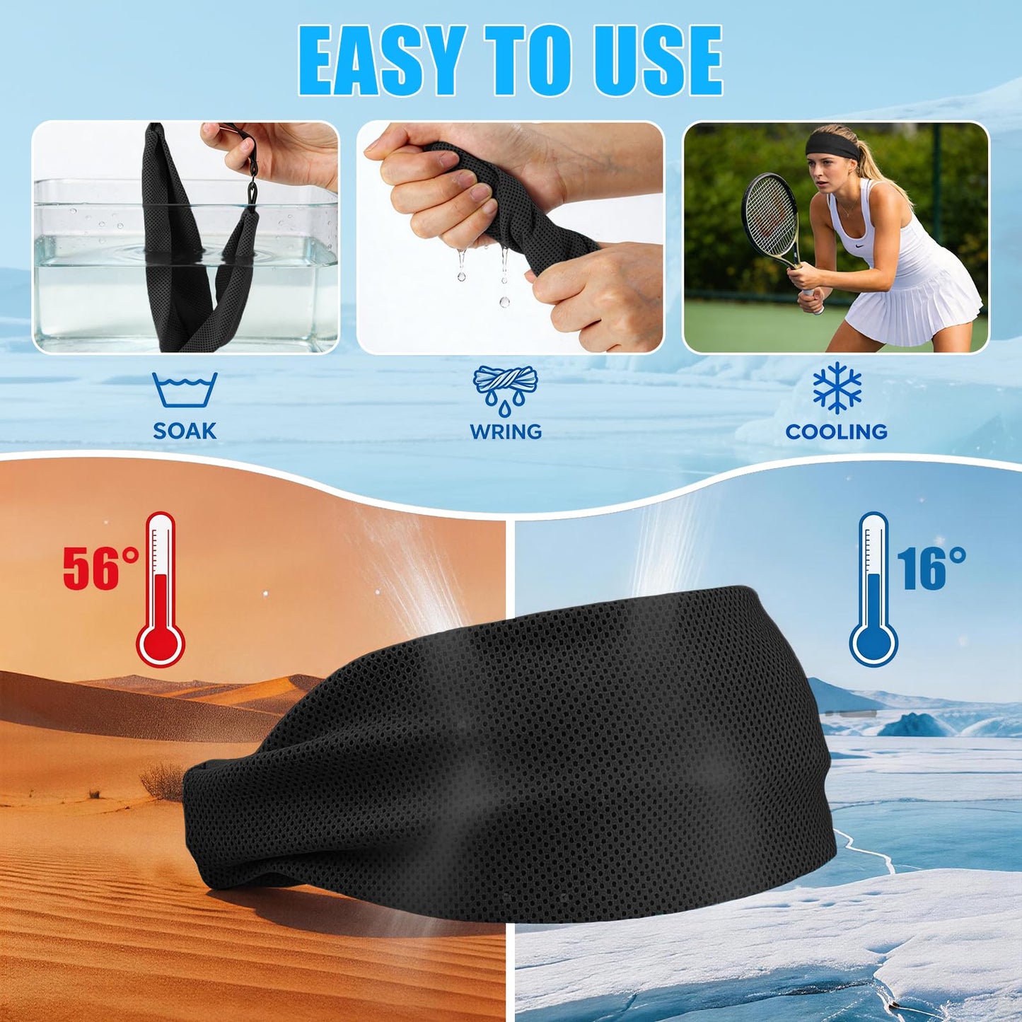 CSITE Cooling Headbands for Women&Men - Adjustable Non-Slip Sweatbands, Instant Cooling Moisture Wicking Sports Headbands for Running Yoga Fitness Gym