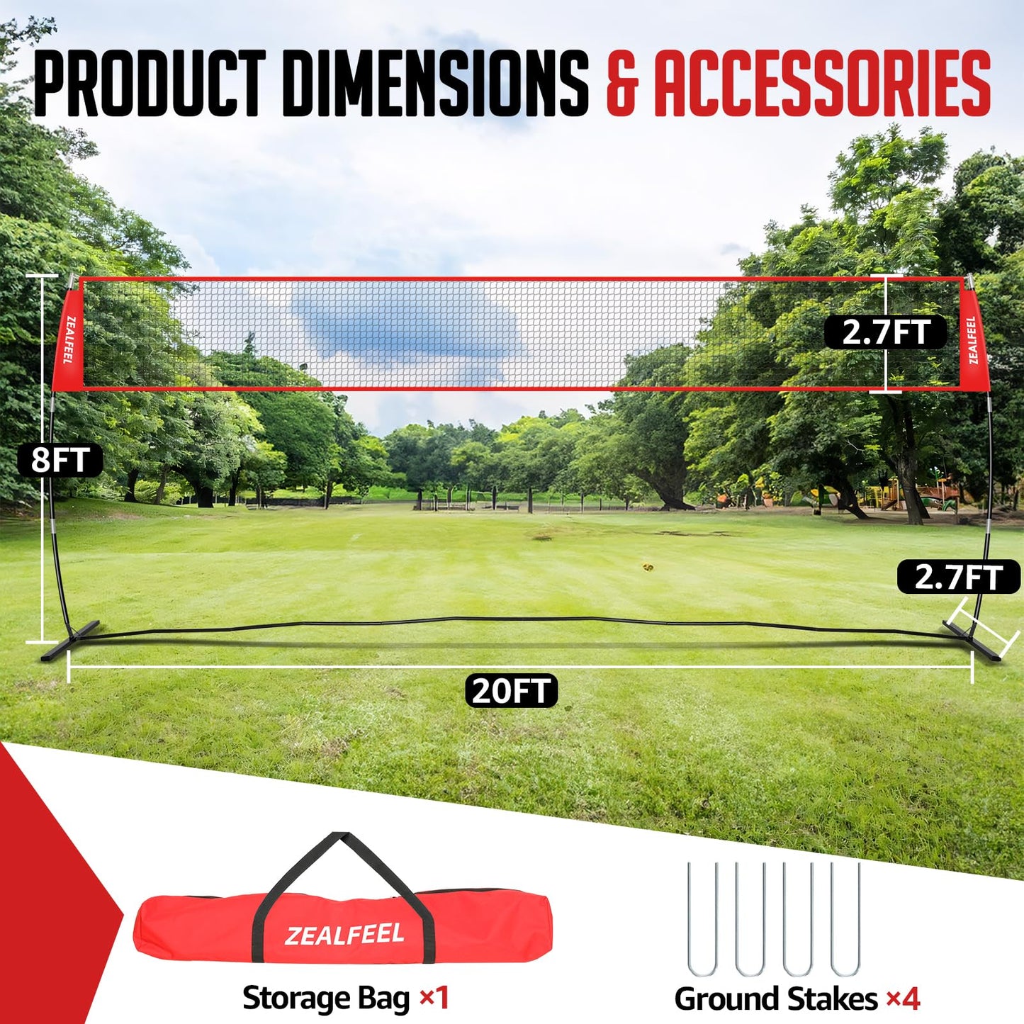 ZEALFEEL Volleyball Net, 20FT Volleyball Training Net Height Adjustable, Portable Freestanding Practice Net for Hitting or Serving Drills, Pop up Volley Ball Nets with Carry Bag for Backyard Outdoor