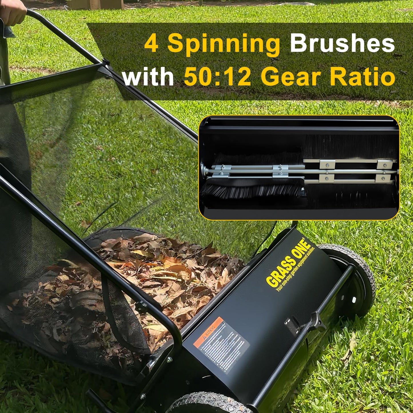 Grass One 26 Inch Push Lawn Sweeper, Leaf and Grass Collector with 7 Cu.Ft Mesh Bag, 4 Spinning PP Brushes, Durable Steel Construction, Adjustable Height & Rubber Tires for Yard Cleanup