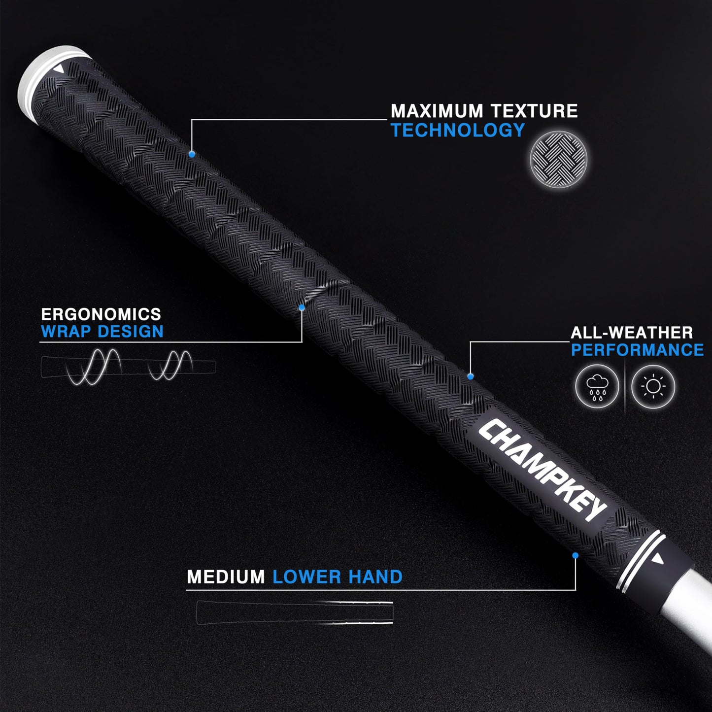 CHAMPKEY X-WEAVE Rubber Golf Grips 13 Pack with Full Repair Kits - Medium Lower Hand Golf Club Grips - Enhanced Grip and Traction Golf Grips for Men and Women(Black,Midsize)