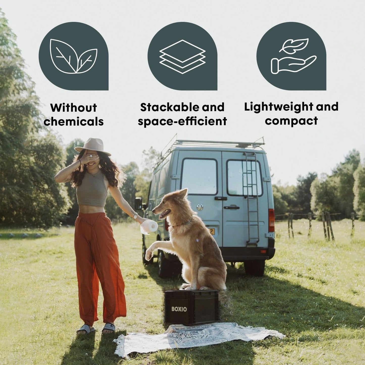 BOXIO Toilet MAX+ Complete Set, Mobile Separator Toilet, Compact Camping Toilet 40 x 30 x 28 cm, Includes Toilet UP Seat, Plug, 3 x Bags, 2 x Hemp Litter, 6 Clips Black