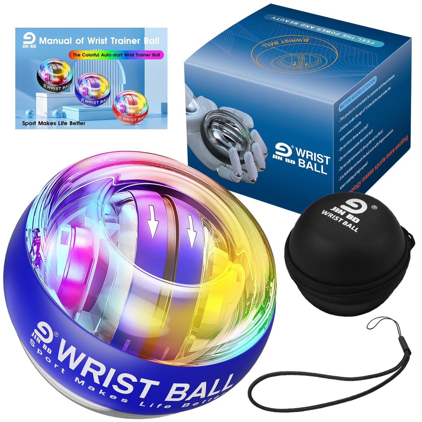 JIN BD Wrist Gyro Ball and Finger Skateboard Set – Self-Starting Forearm Exerciser for Grip Strength, Hand & Finger Exerciser, Home Gym, Workout, Rehabilitation，Colorful Light Blue