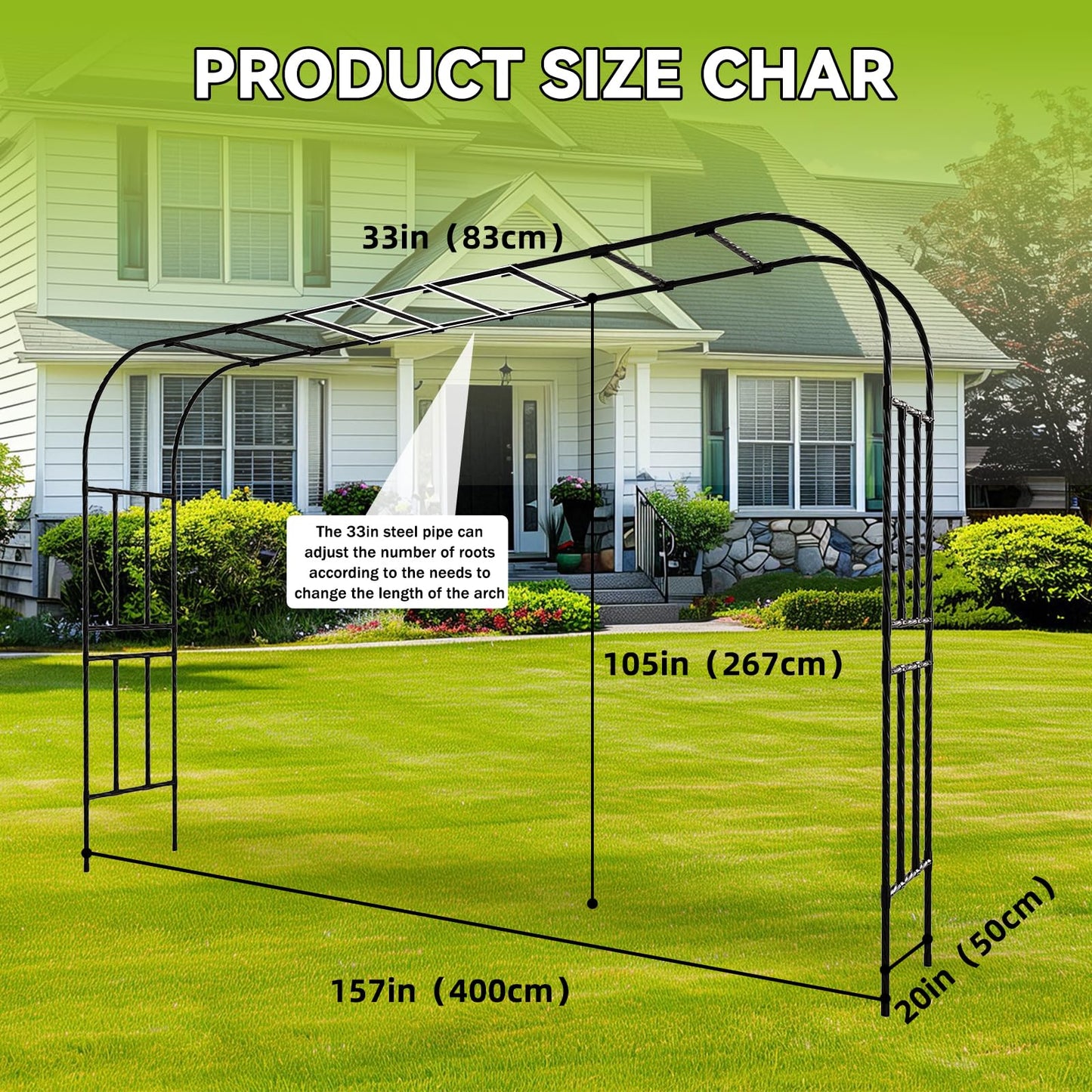 RUCOIN 25MM Thickened Steel Pipe Garden Arch Trellis – 157"(L) x 105"(H) Extra Heavy Duty Arbor, PE-Coated Rust-Proof Trellis for Climbing Plants Outdoor, Support for Roses, Ivy, Grapevine, Beans