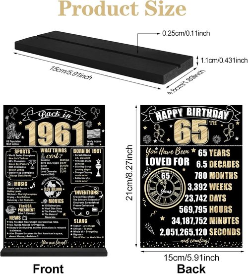 Back In 1961 65th Birthday Decorations - Two-Sided Wooden Table Sign with Stand | Black & Gold Party Decor