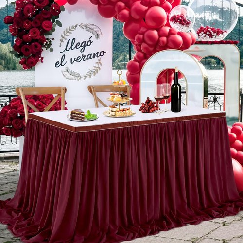 Burgundy Table Skirt 14FT Chiffon Table Skirting 2 Layer Rectangle Green Tablecloth for Birthday Baby Shower Wedding
