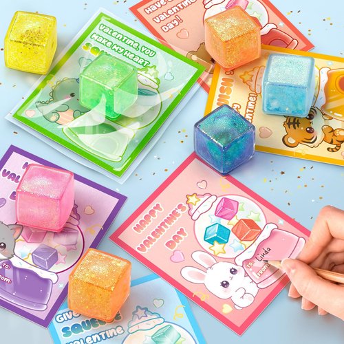 Class Valentines Day Gifts for Kids, 24 Pack Valentine Cards for Kids School with Ice Stress Cube, Squeeze Toy for Classroom Valentines Day Gifts Exchange, Valentine Party Favors Prize for Boys Girls