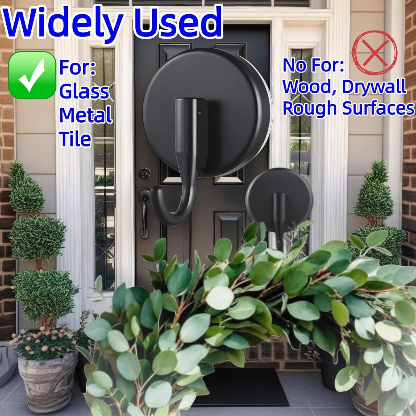 Skiennix Wreath Hanger Suction Hooks - 2 Pack Black Suction Cups for Glass & Metal | Removable Wall Hooks for Holiday Decor