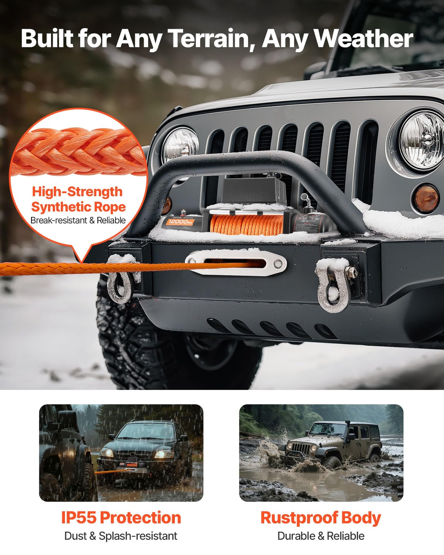 VEVOR Electric Winch, 12000 lbs Load Capacity, 12V DC Truck Winch with Φ0.36 in x 75.5 ft Synthetic Rope, Wireless & Wired Remote Control, IP55 Waterproof for Towing Off-Road SUV Jeep Trailer