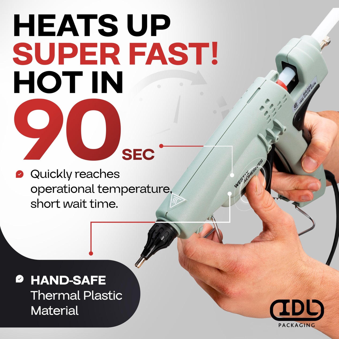 IDL Packaging GG-300 Industrial 300W Full Size Hot Glue Gun for 1/2" Glue Sticks - Super Fast Heating - Heavy-Duty Large Electric Glue Gun for Construction, Carpentry, DIY, or Repairs