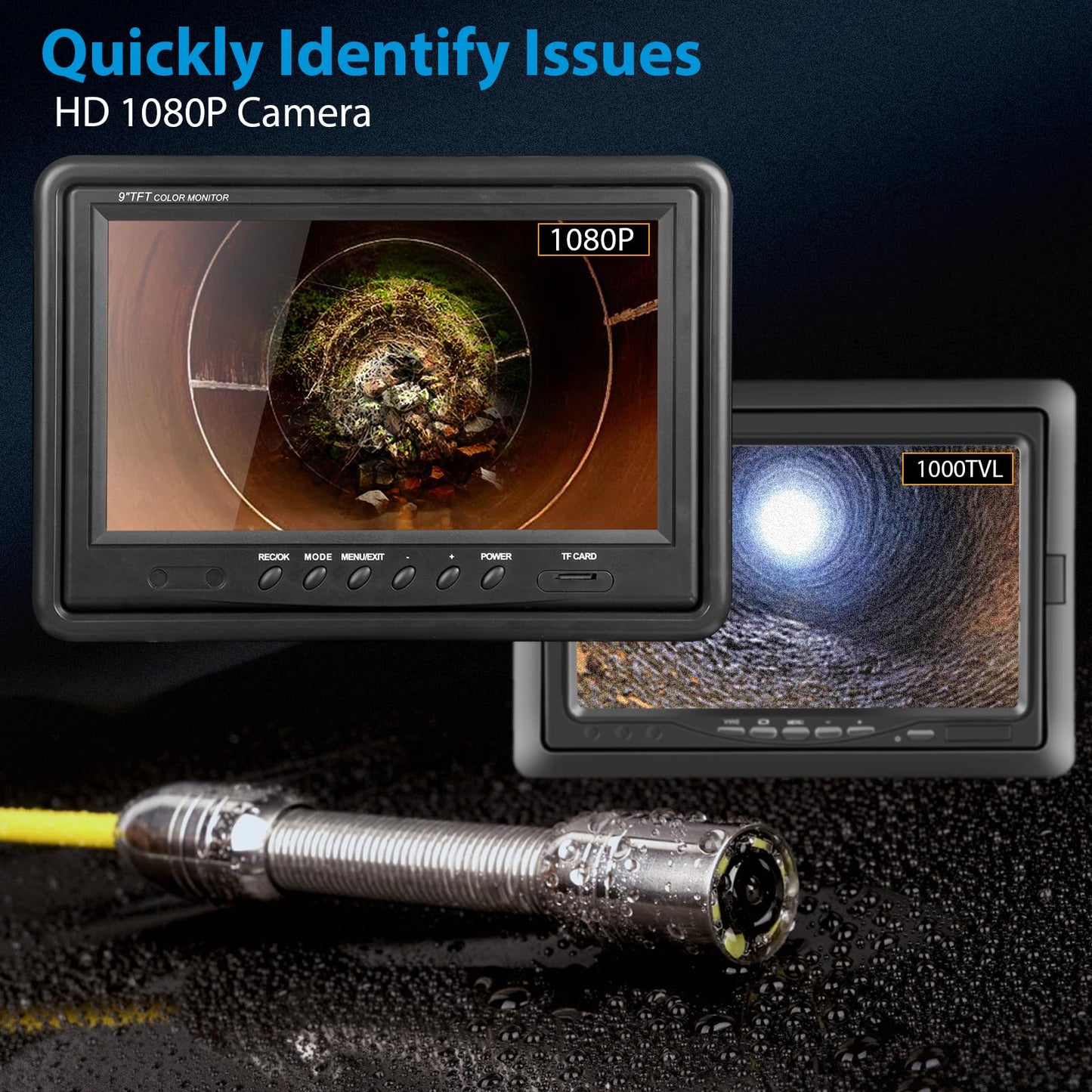 9 inch Monitor 100ft/30m Pipe Inspection Video Camera,IP68 Waterproof 1080P Drain Sewer Pipeline Industrial Endoscope System with Distance Mark Camera DVR Recorder
