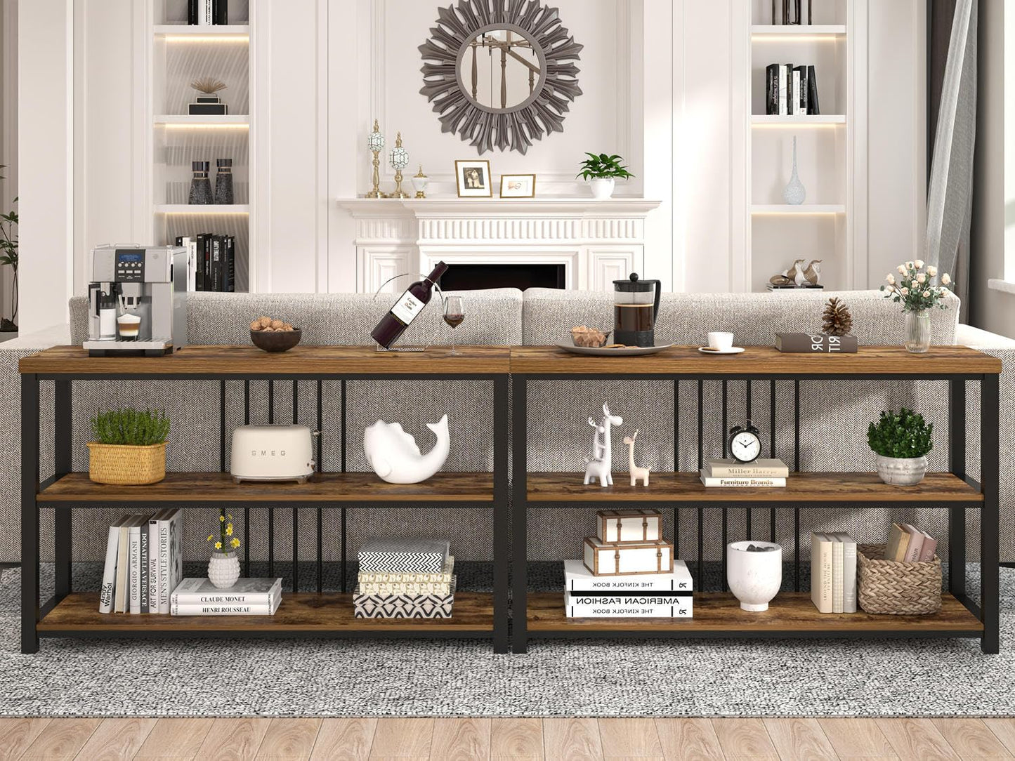 FOLUBAN Industrial Console Table, 3 Tier Entryway Sofa Foyer Table for Living Room Hallway Behind Couch, Rustic Brown