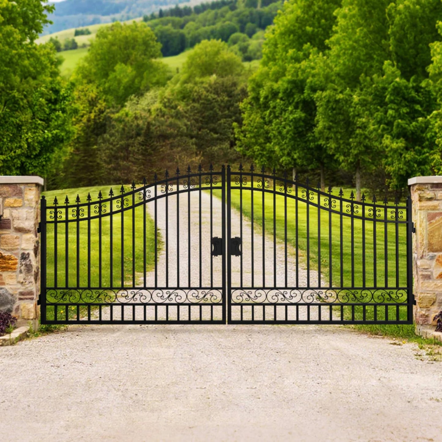 Chery Industrial Steel Dual Swing Driveway Gate, European Style,Secure Outdoor Patio Door with Welded Galvanized Steel Frame, Robust and Long-Lasting (20×8ft)