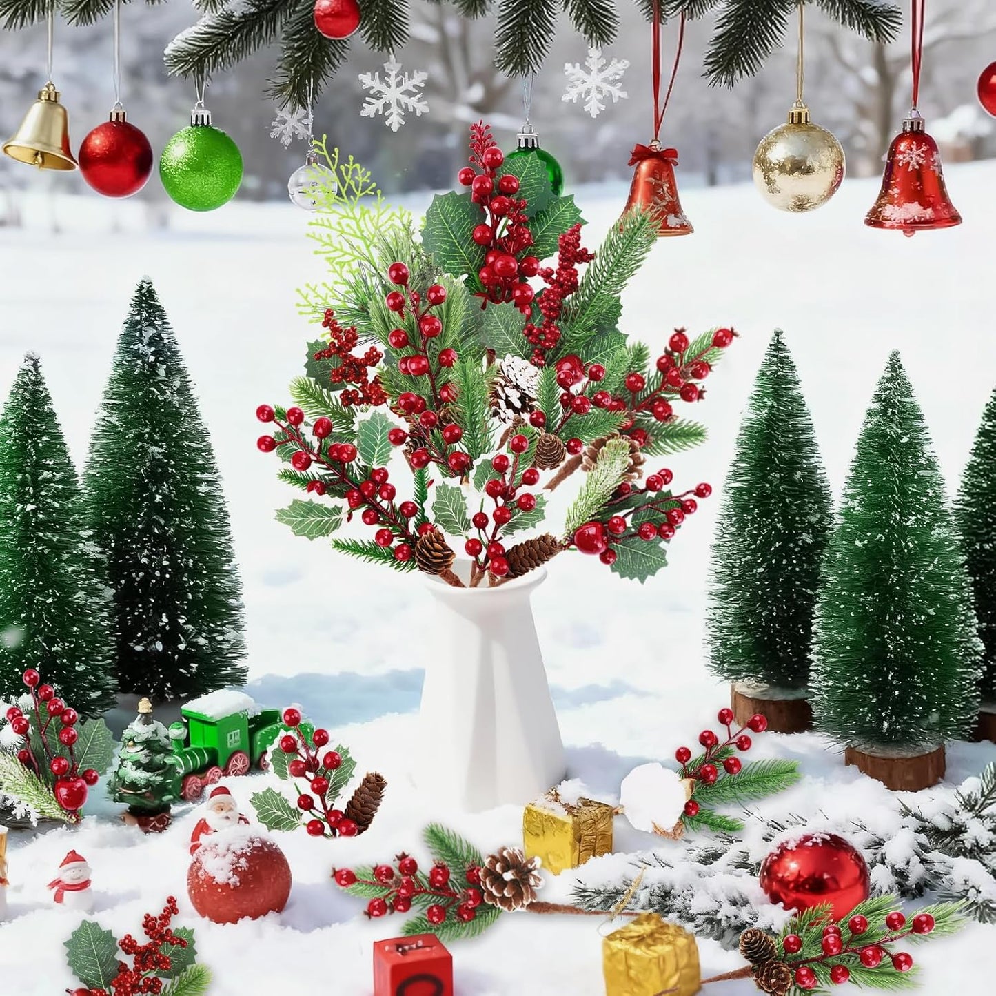 Pinecones Red Berry Picks - 12 Pcs Christmas Floral Stems for Wreaths & Tree Decor