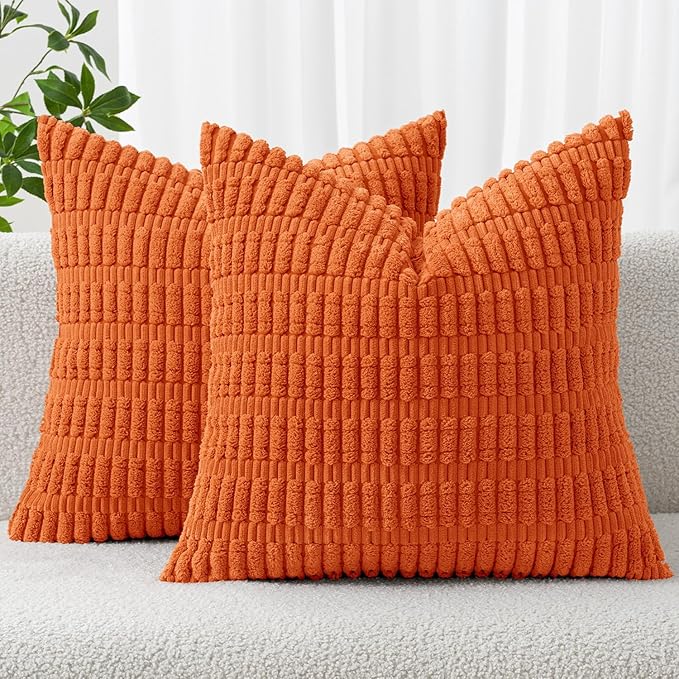 MIULEE Pack of 2 Orange Corduroy Decorative Pillow Covers 20x20 Inch Soft Boho Striped Throw Pillow Covers Modern Farmhouse Home Decor for Halloween Thanksgiving Summer Sofa Living Room Couch Bed