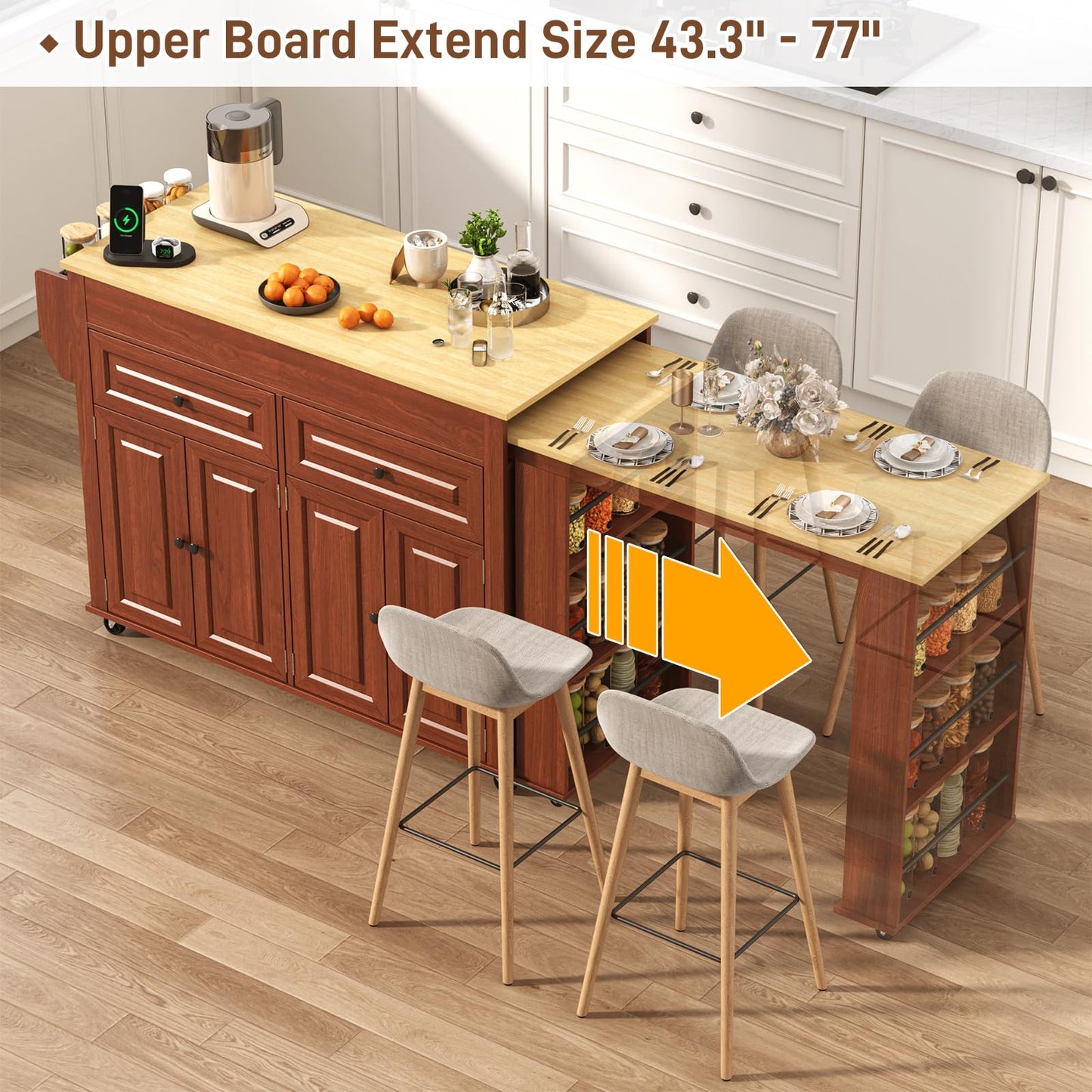 80"-48" Extendable Kitchen Island with Extended Dining Table and Power Outlet,Large Mobile Kitchen Storage Islands with 2 Storage Drawers,Rolling Islands Cart with 3 Extra Rows Open Shelves(Brown)