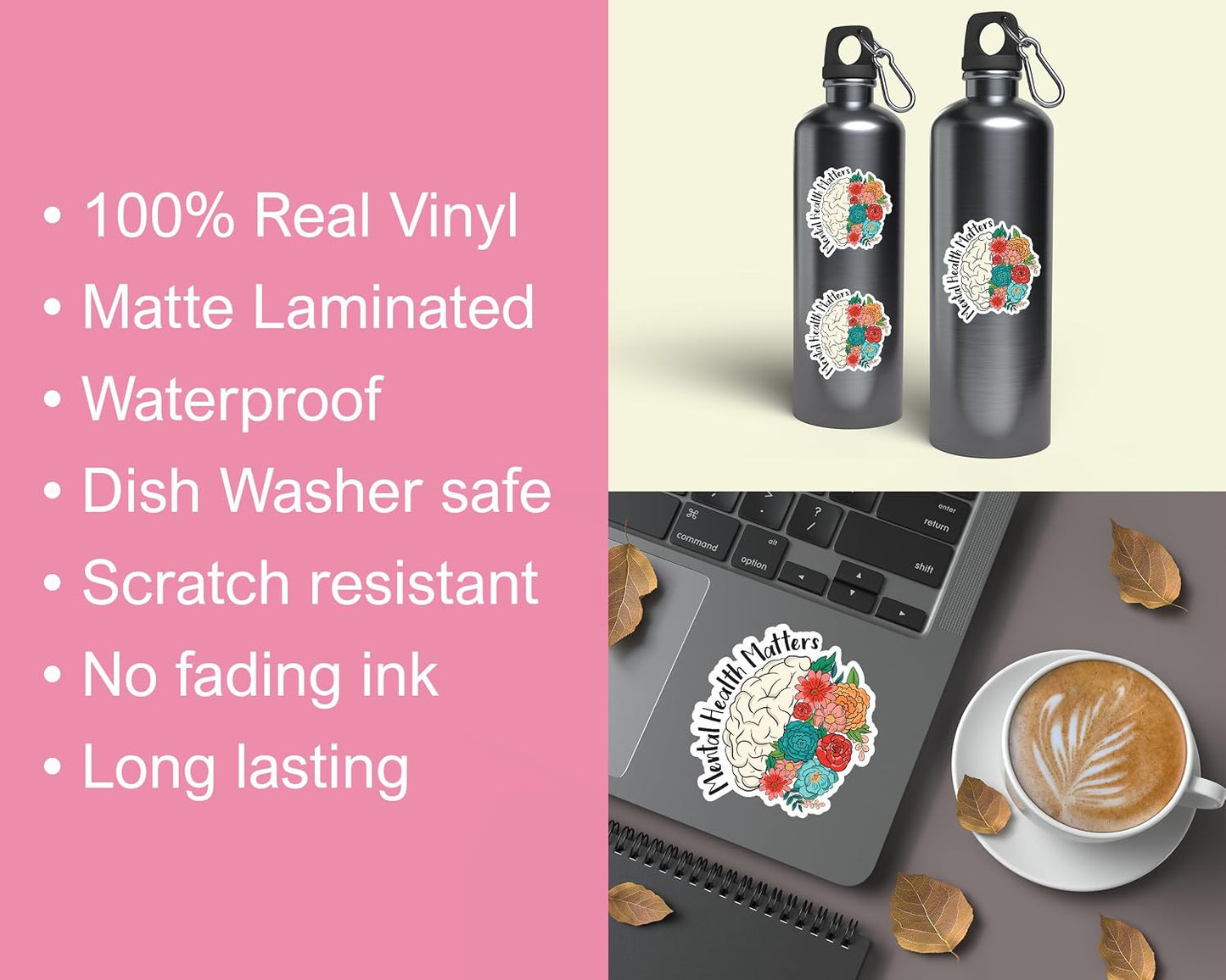 AKLDGifts 3Pcs - Mental Health Matters Sticker - Floral Brain Sticker - Healthcare Notebook Water Bottle Tumbler Laptop