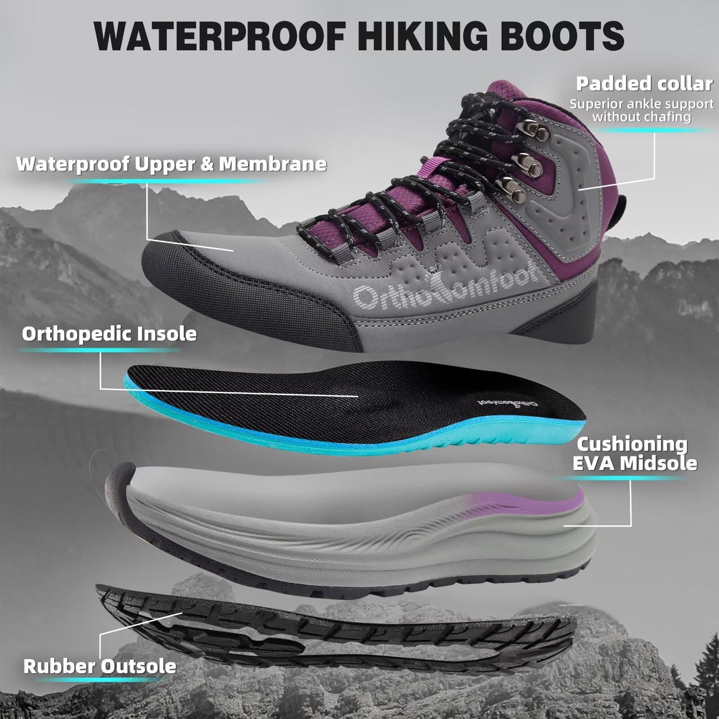 Women's Orthopedic Non Slip Mid Trekking Hiking Boot: Plantar Fasciitis Orthotic Arch Support Bunions Recovery Fashion Sneakers, Comfortable Stylish Office Working Standing Walking Shoes Grey Size 8.5