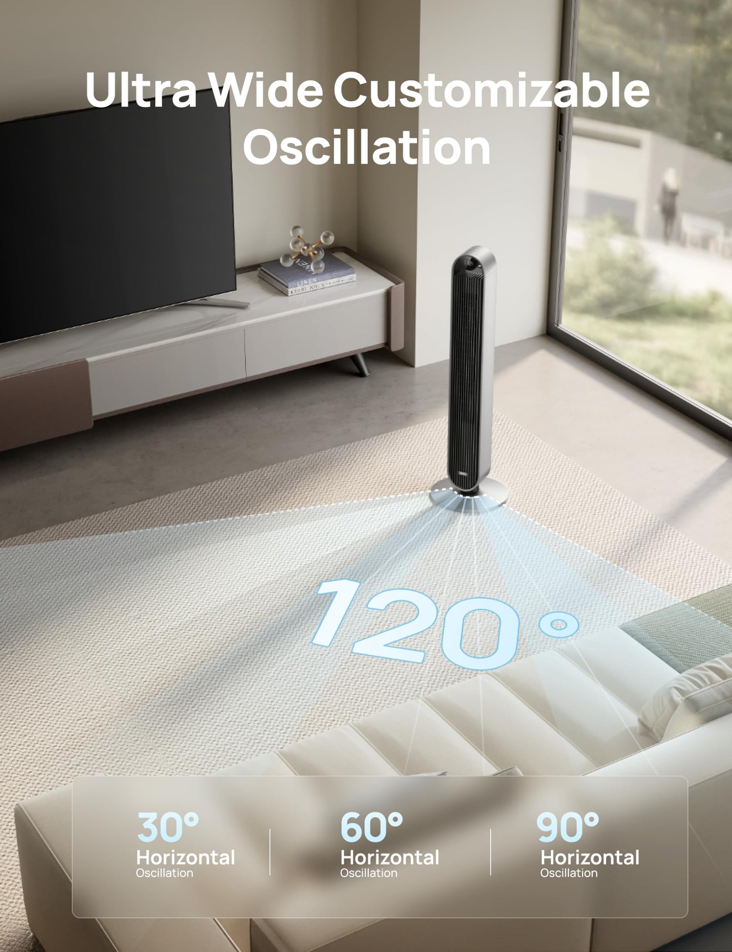 DREO Tower Fan for Bedroom, 42 Inch 120° Oscillating Fan, 20dB Quiet DC Motor, 28ft/s Velocity Bladeless Standing Fan with 12 Speeds, 4 Modes, 12H Timer Cooling Fans for Home, Living Room