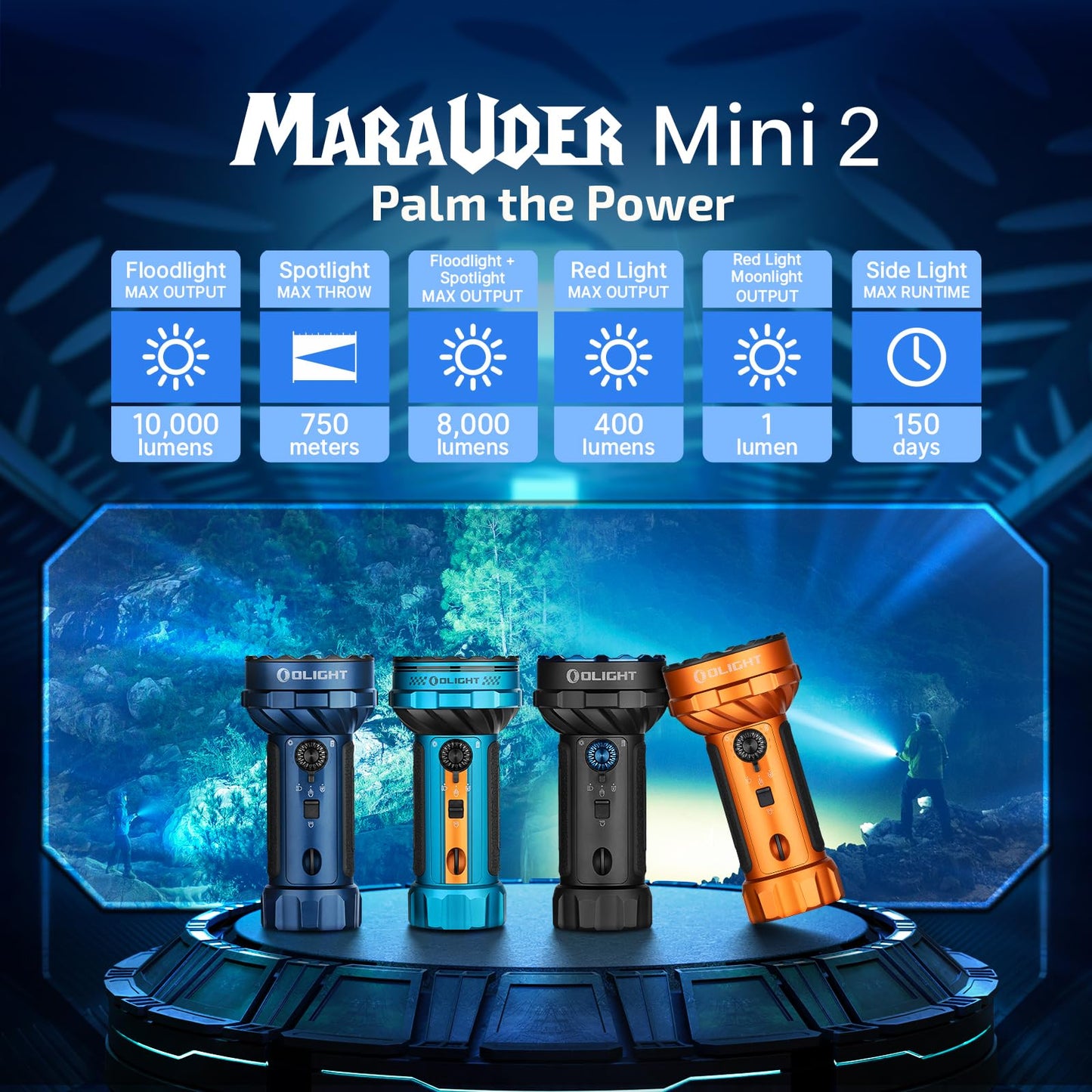 OLIGHT Marauder Mini 2 Bright Flashlight 10,000 Lumen with 750 Meters Beam Distance, Rechargeable Light with Dual Charging & 5 Lighting Modes for Outdoor, Camping, Emergencies (Midnight Blue)