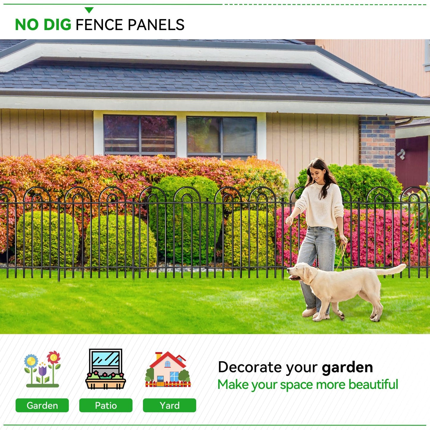 10 Panels Garden Fence, 42in(H)×21.6ft(L) Tall No Dig Fence Animal Barrier, Heavy Duty Metal Tube Decorative Garden Edging Border, Ground Defense Temporary Fencing for Outdoor Yard, Black